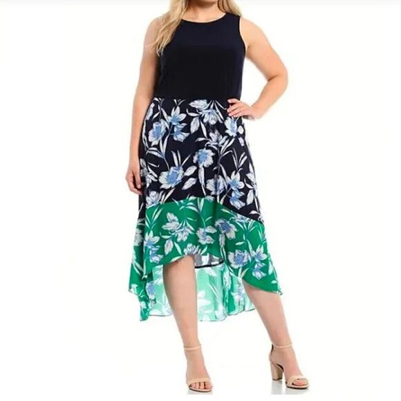 Jessica Howard Plus Size Green Blue Crew Neck Sleeveless Floral High-Low Dress - Picture 1 of 11
